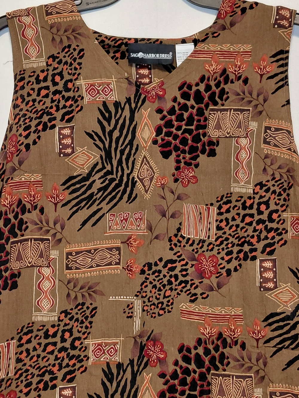 Vintage 90s Sag Harbor Rayon Maxi Dress Sz 10 Tribal Animal Print Boho Midi